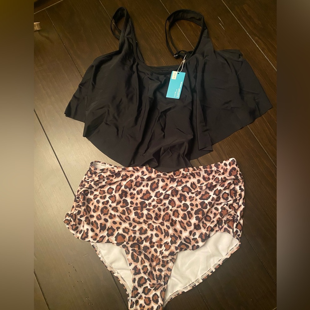 Summer Mae flounce high waisted Bikini XL black top leopard bottom NWT - Picture 7 of 7